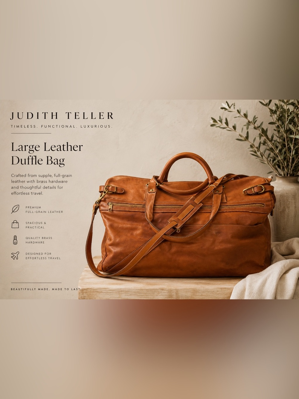Leather Travel Duffel Bag in Cognac